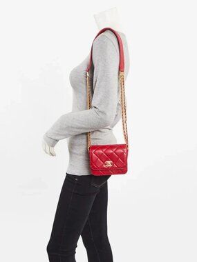 Chanel Red Quilted Lambskin Leather Cambon Chains Mini Flap Bag